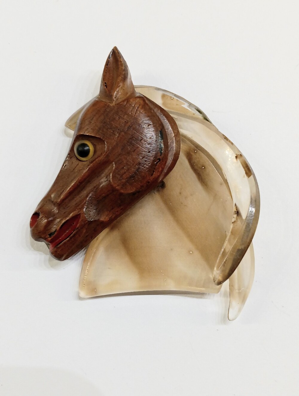 Vintage 40's Carved Wood and Lucite Horse Brooch